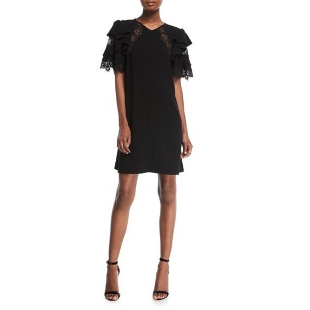 Rebecca Taylor Black Short Sleeve A-Line Crepe Puff Ruffle‎ Lace Dress Size 0